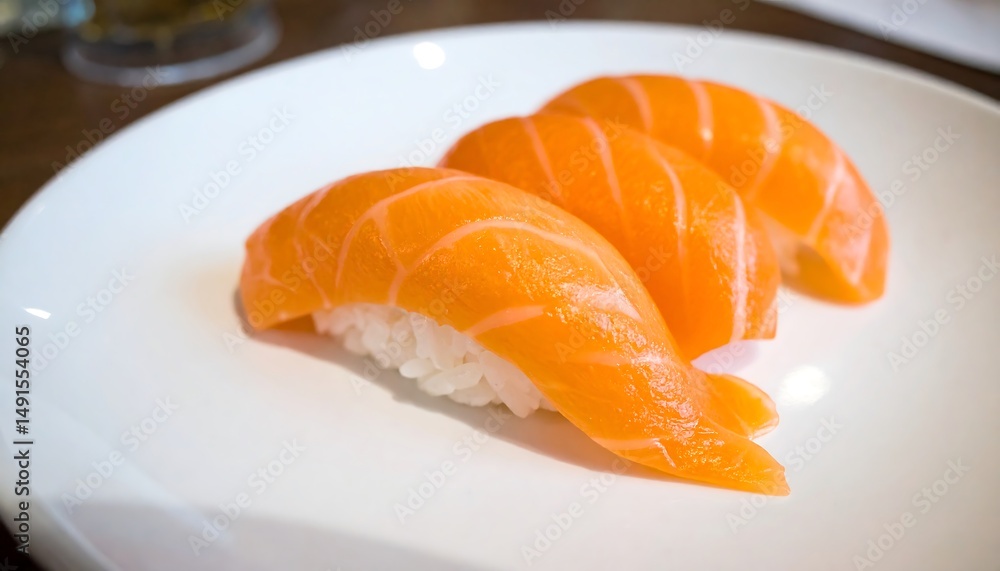 Three Pieces of Delicious Salmon Nigiri Sushi on a White Plate Three Pieces of Delicious Salmon Nigiri Sushi on a White Plate