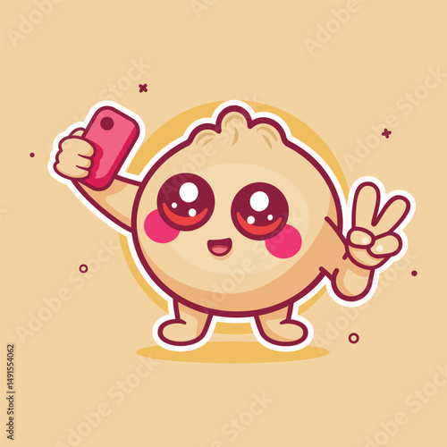 smiling dim sum food character mascot taking a selfie with a smartphone isolated cartoon 