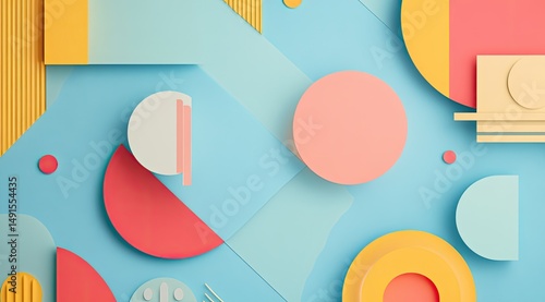 Pastel-colored geometric shapes, circles, and rectangles overlap on a light blue background, creating an abstract, playful composition with varying sizes and textures