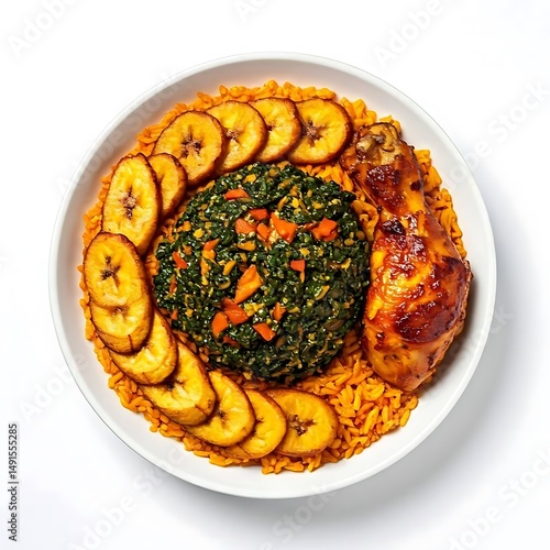 Nigerian jollof rice with fried plantains and chicken top down view on white.