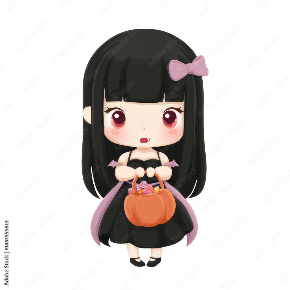 Fototapeta premium Cute girl in costume holding pumpkin basket.