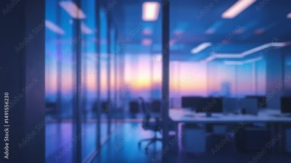 Blurred sunset view from a modern office's large windows, showcasing city skyline and interior workspace Blurred sunset view from a modern office's large windows, showcasing city skyline and interior workspace
