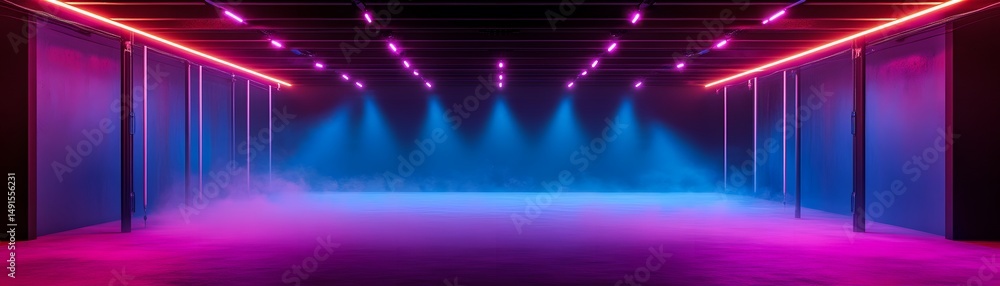 Obraz premium Vibrant neon lit empty space with colorful spotlights.