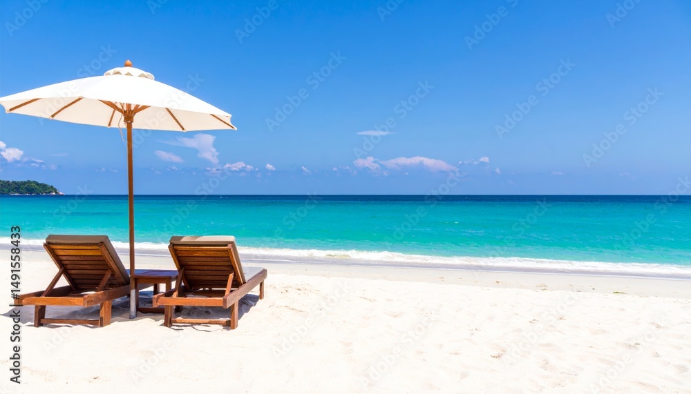 Fototapeta premium Tropical paradise in Thailand with beach chairs and a parasol on the sunny sand by the blue sea offers a relaxing summer vacation