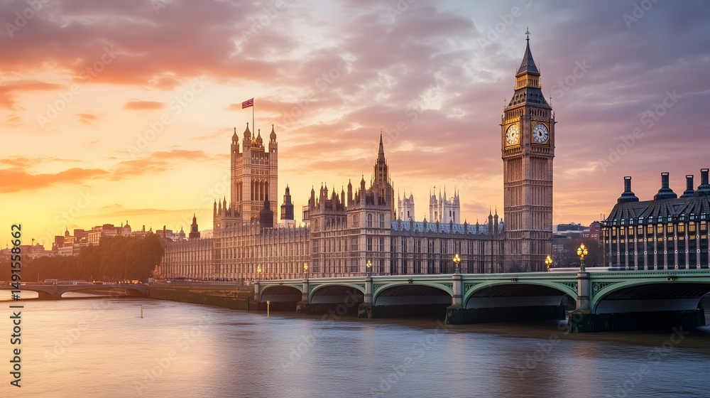 Fototapeta premium Iconic Big Ben and London skyline at sunset