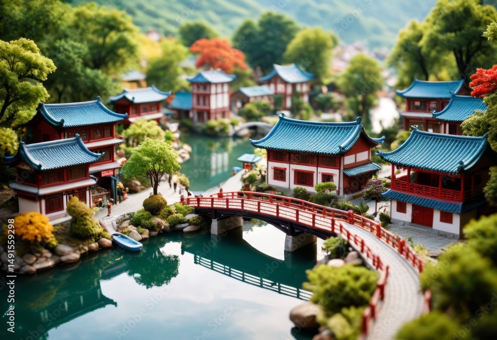 Fototapeta premium The bridge spans a small pond with a bridge in the middle