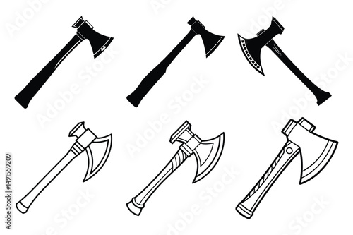  Set of cutting axe silhouette,line art vector illustration on white background.