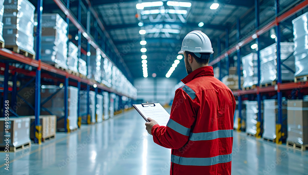 Worker in red jacket and hard hat inspects inventory in a large warehouse. Worker in red jacket and hard hat inspects inventory in a large warehouse.