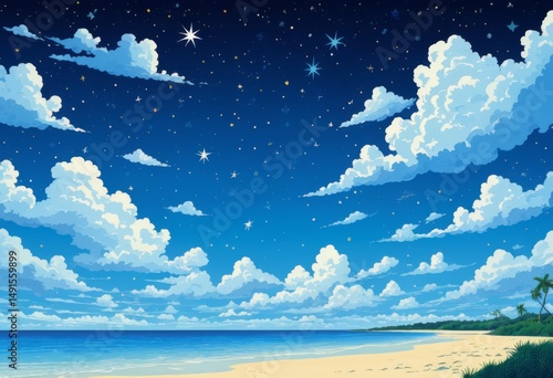 Starry sky on a beach of palm trees and stars
