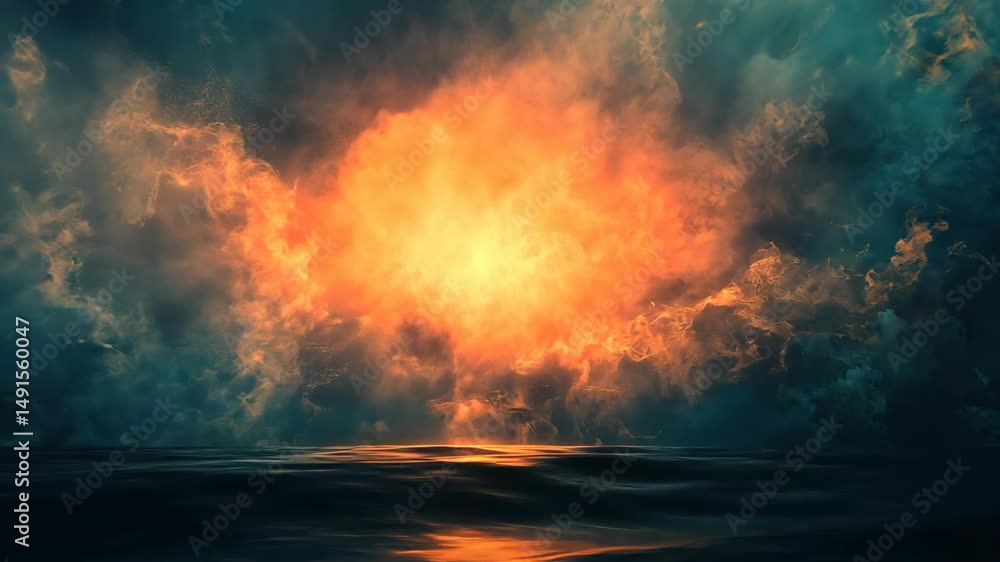 Fiery orange orb within dark, swirling clouds reflected on a still body of water Fiery orange orb within dark, swirling clouds reflected on a still body of water