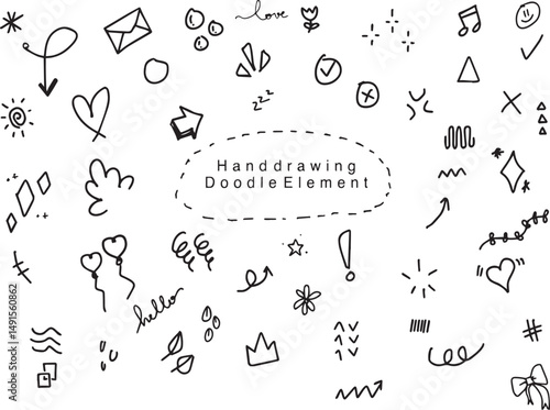A set of simple hand-drawn decorative illustrations. There are various illustrations such as sparkles, stars, hearts, speech balloons, arrows, flowers, emphasis icons, etc.