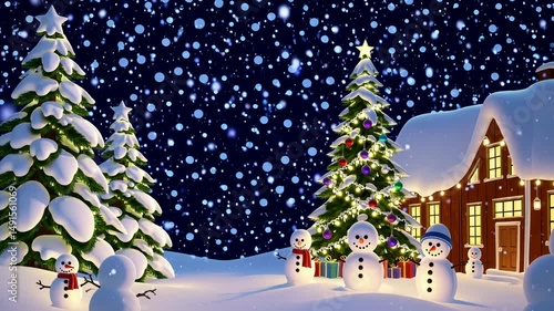Festive Cartoon Christmas Night: Seamless Looping Animation with Snowmen, Illuminated Tree & House, Presents, Gentle Snowfall. Ideal Holiday Virtual Background for Winter Celebrations.