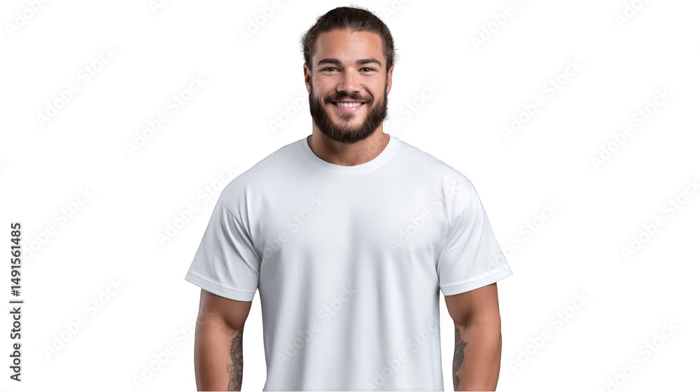 Man smiling wearing white t shirt isolated on transparent background.png white background Man smiling wearing white t shirt isolated on transparent background.png white background