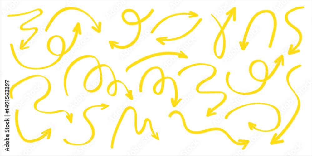 Obraz premium Red pencil arrow doodles set - hand drawn swirls, curved lines, chaotic pointers. Chalk sketches, artistic design elements pack. Grunge style marker scribbles, crayon strokes outline drawings.
