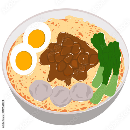Delicious Bowl of Noodles with Meatballs, Eggs, and Vegetables, 