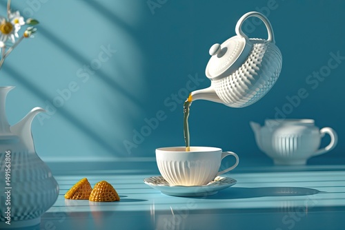 pixel perfect image of Tea pot pouring tea in a cup on blue backdrop