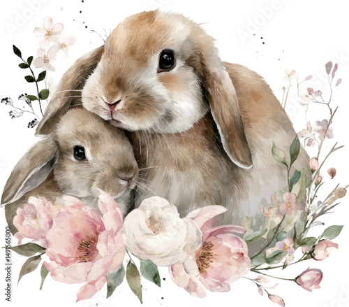 Watercolor style, two cute rabbits embracing each other, surrounded by beautiful flowers