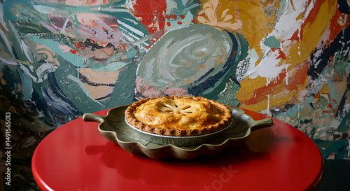 Apple pie in leaf dish art background