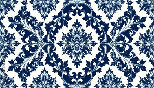 Geometric damask pattern with bold, repeating diamonds and lines in navy and white , clean, minimalist