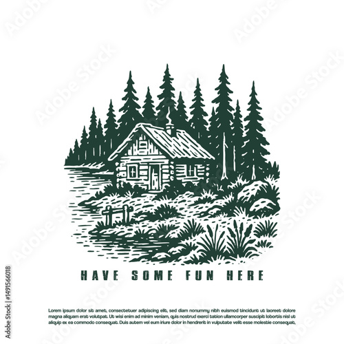 Vintage hand drawn old wooden cabin forest isolated on white background