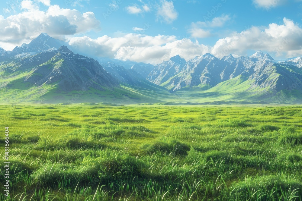 Premium Quality Image of Green Field with Towering Mountains in the Distance Premium Quality Image of Green Field with Towering Mountains in the Distance