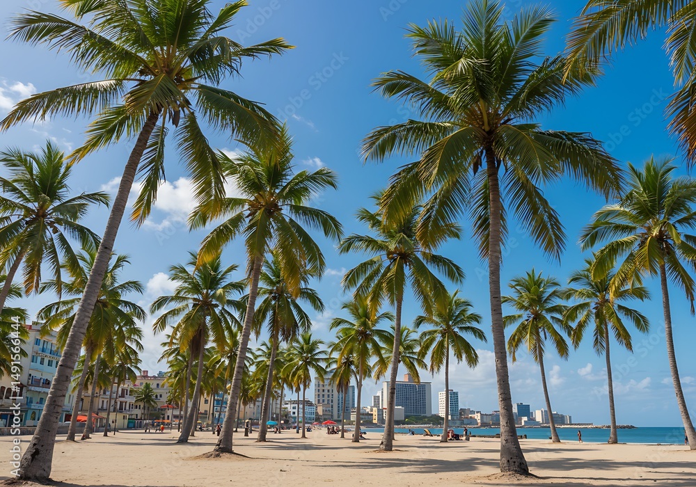 Fototapeta premium Palm-Lined Paradise: Midday Sun AI Generated