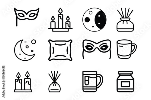 Set of line drawing of relaxation elements like diffuser, coffee cup, bottle, candle ,flower, droper, perfume icon vector illustration on white background.