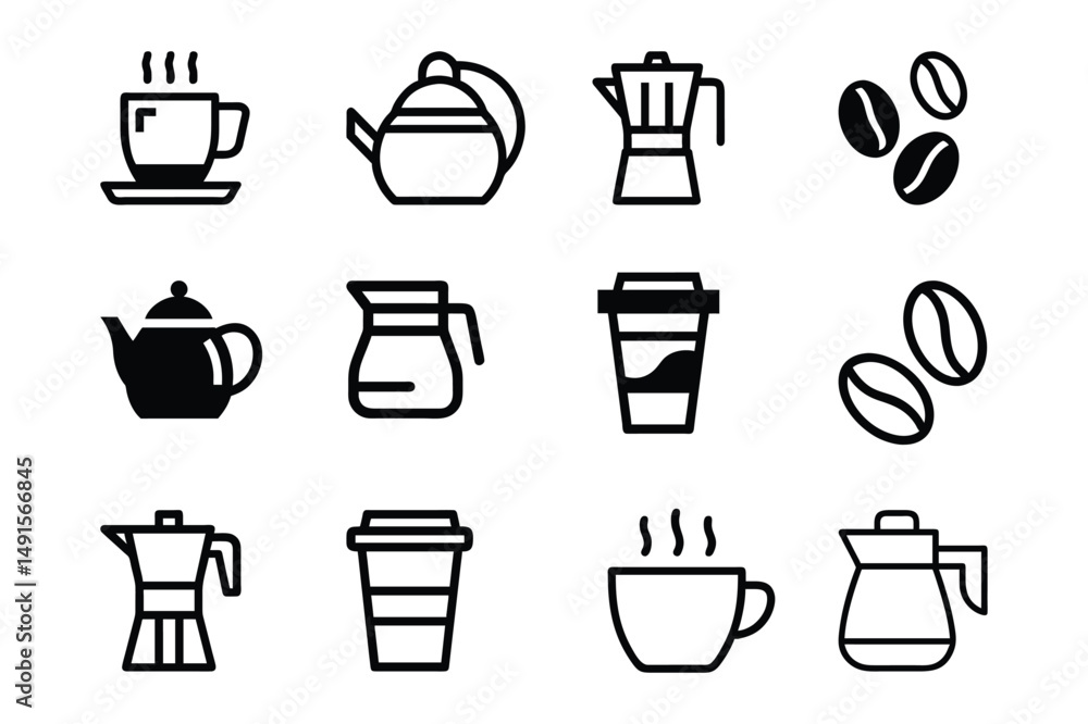 Set of party drink elements coffee cup, coffee beans, teapot, bottle, mug icon vector illustration on white background. Set of party drink elements coffee cup, coffee beans, teapot, bottle, mug icon vector illustration on white background.