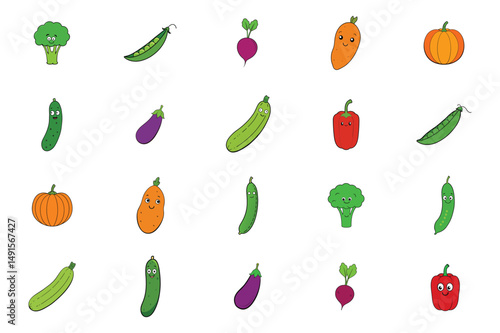 Set of seasonal vegetables like Carrot,Potato,Tomato,Onion,Garlic,Cauliflower,Broccoli,Lettuce,Cucumber, Capsicum, Pumpkin,Sweet Potato line art vector illustration on white background.