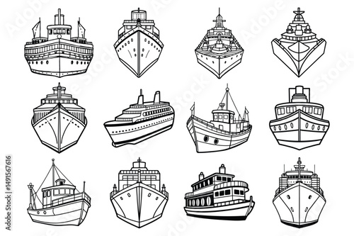  Set of top, front views of cargo ship, ship, fishing boat line art vector illustration on white background