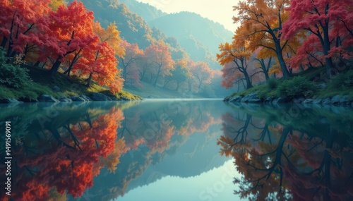 Intricate floral pattern reflected on calm lake surface, nature, artwork