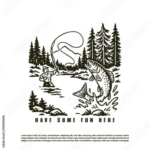 Hand drawn fishing angler in the wild forest