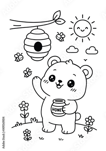 Bear collecting honey in a flower forest – Cute Kawaii Cartoon Style Coloring Page for Kids – Black and White Vector Line Art – AI-generated