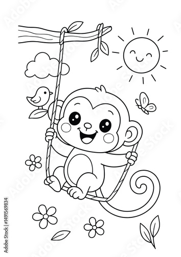 Cute monkey playing on a swing with birds nearby – Cute Kawaii Cartoon Style Coloring Page for Kids – Black and White Vector Line Art – AI-generated