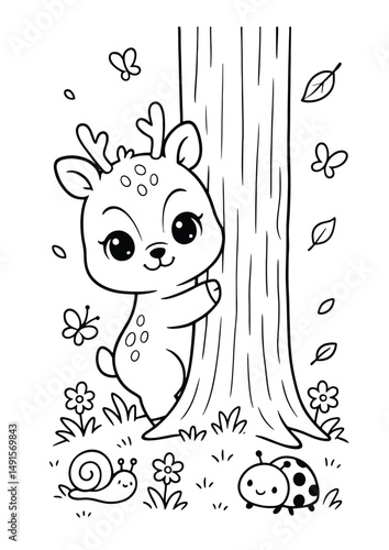 Deer playing hide and seek in the forest – Cute Kawaii Cartoon Style Coloring Page for Kids – Black and White Vector Line Art – AI-generated