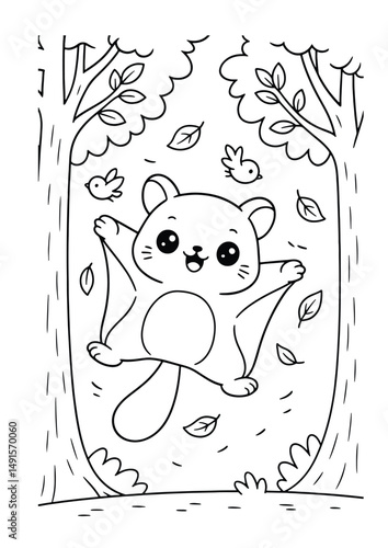 Flying squirrel gliding between trees – Cute Kawaii Cartoon Style Coloring Page for Kids – Black and White Vector Line Art – AI-generated