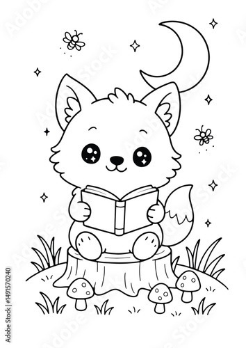 Fox reading a book under the moonlight – Cute Kawaii Cartoon Style Coloring Page for Kids – Black and White Vector Line Art – AI-generated