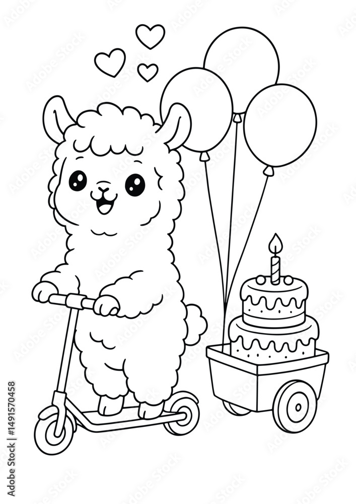 Obraz premium Llama riding a scooter carrying a cake – Cute Kawaii Cartoon Style Coloring Page for Kids – Black and White Vector Line Art – AI-generated