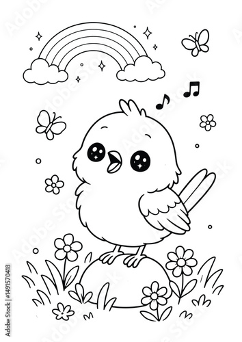 Warbler singing under the rainbow – Cute Kawaii Cartoon Style Coloring Page for Kids – Black and White Vector Line Art – AI-generated