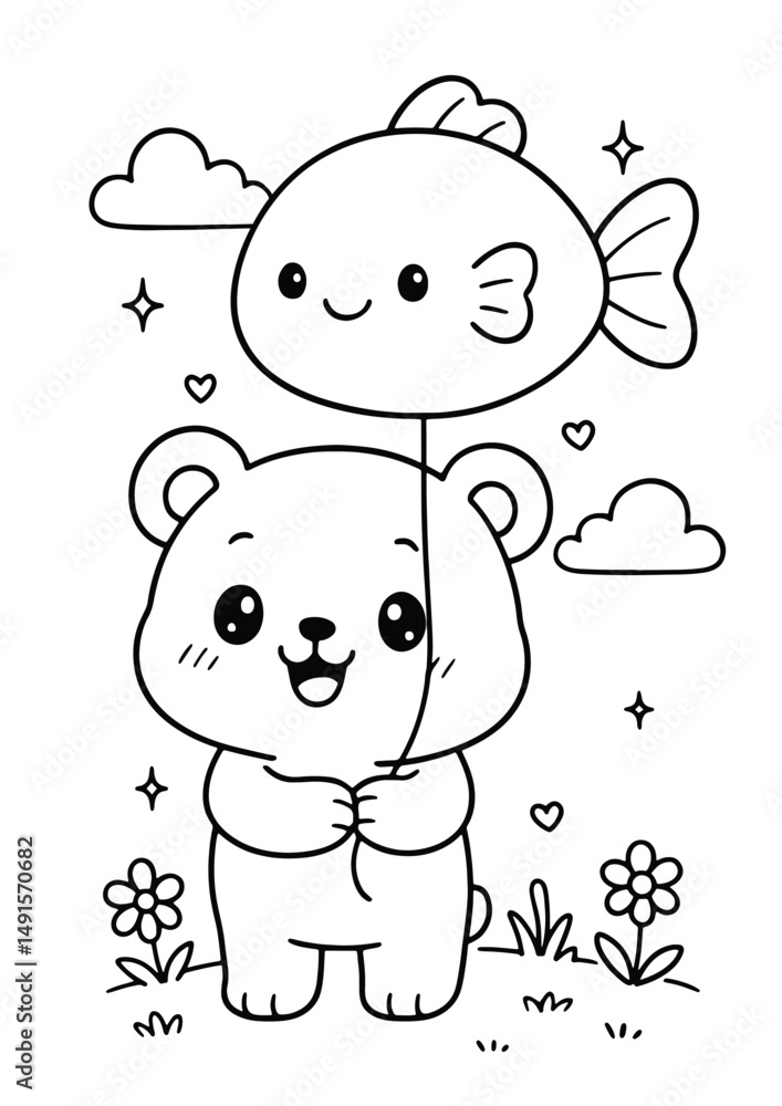 Naklejka premium Bear holding a fish-shaped balloon – Cute Kawaii Cartoon Style Coloring Page for Kids – Black and White Vector Line Art – AI-generated