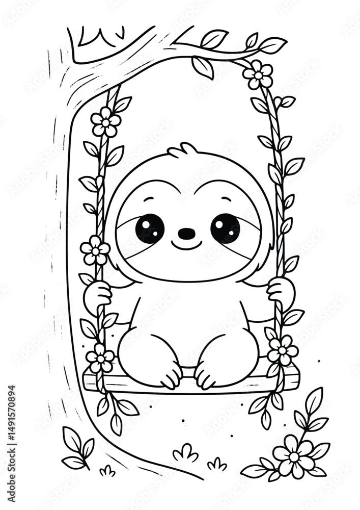 Naklejka premium Sloth playing on a flower swing – Cute Kawaii Cartoon Style Coloring Page for Kids – Black and White Vector Line Art – AI-generated
