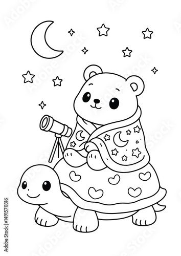 Bear wrapped in a blanket stargazing with a turtle – Cute Kawaii Cartoon Style Coloring Page for Kids – Black and White Vector Line Art – AI-generated