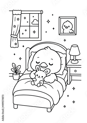 Duck hugging a bunny plush toy on the bed – Cute Kawaii Cartoon Style Coloring Page for Kids – Black and White Vector Line Art – AI-generated