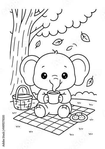 Elephant having a picnic under a tree – Cute Kawaii Cartoon Style Coloring Page for Kids – Black and White Vector Line Art – AI-generated