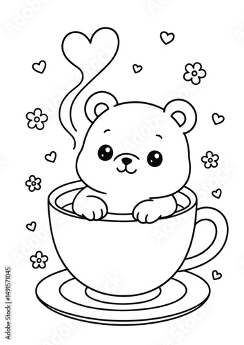Bear soaking in a tea cup – Cute Kawaii Cartoon Style Coloring Page for Kids – Black and White Vector Line Art – AI-generated