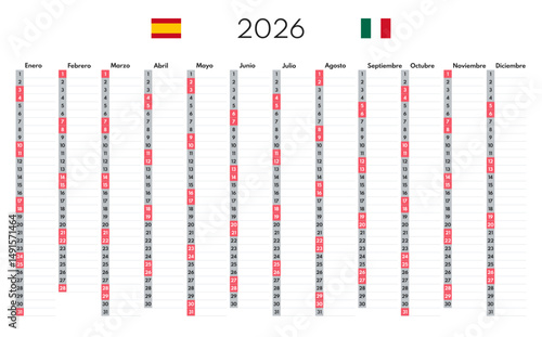 2026 12 months vertical planner, whole year blank calendar template, spanish month names, saturday sunday two weekends, white background, annual scheduler