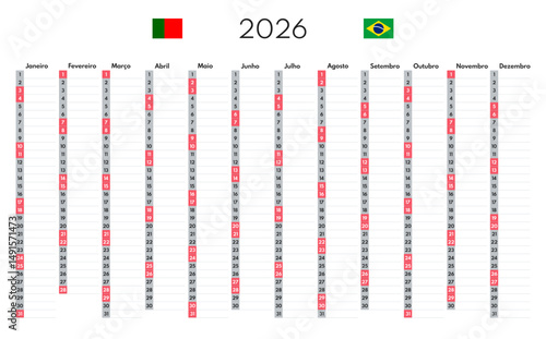 2026 12 months vertical planner, whole year blank calendar template, portuguese month names, saturday sunday two weekends, white background, annual scheduler