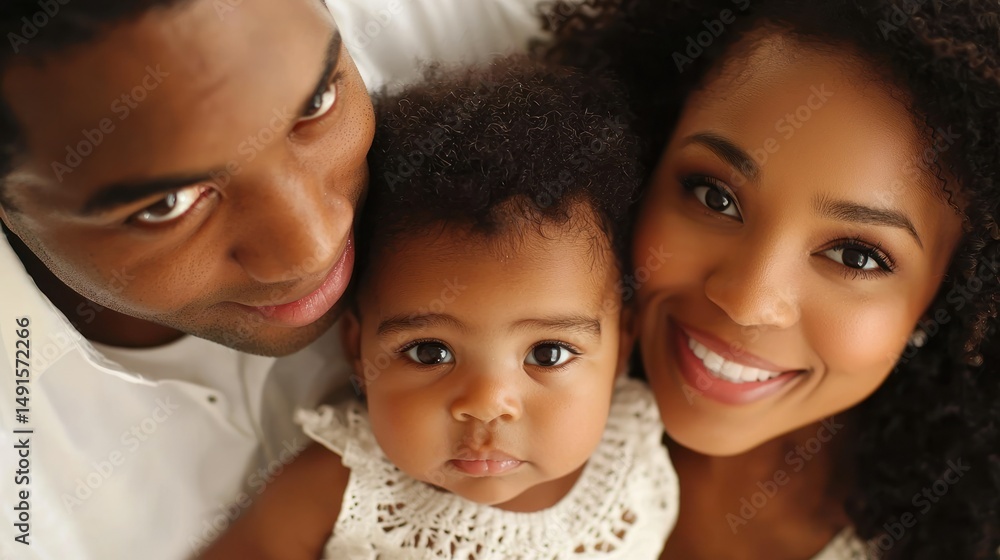 A young child with curly hair, wearing a white dress, sitting on a white surface with a man and a woman standing behind them. A young child with curly hair, wearing a white dress, sitting on a white surface with a man and a woman standing behind them.