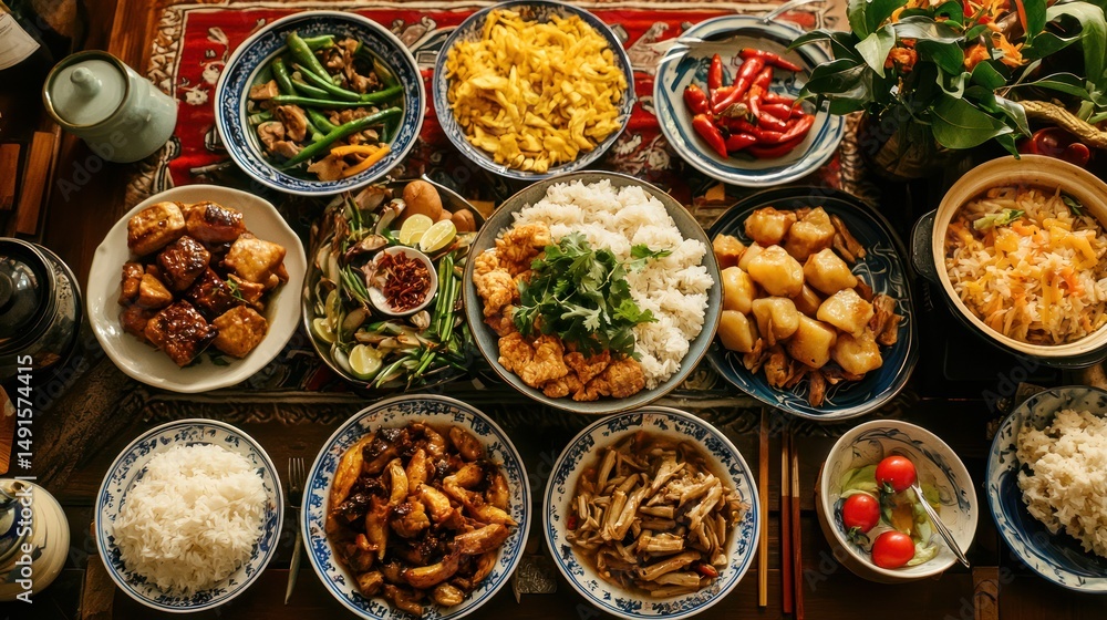A table filled with various Asian dishes, including rice, noodles, vegetables, and meats, arranged in a colorful and vibrant display. A table filled with various Asian dishes, including rice, noodles, vegetables, and meats, arranged in a colorful and vibrant display.
