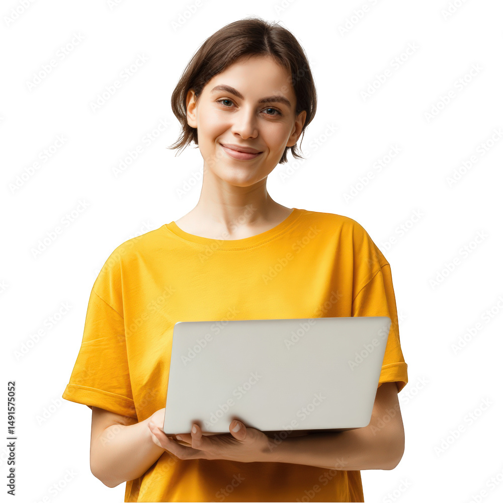 Woman holding a silver laptop isolated on transparent background.png white background Woman holding a silver laptop isolated on transparent background.png white background